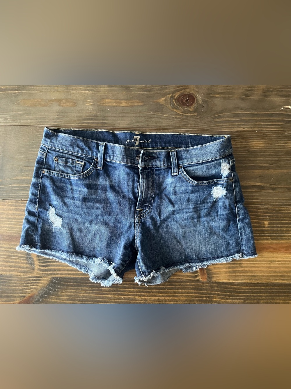 7 For All Mankind Dark Blue Distressed Denim Cutoff Shorts